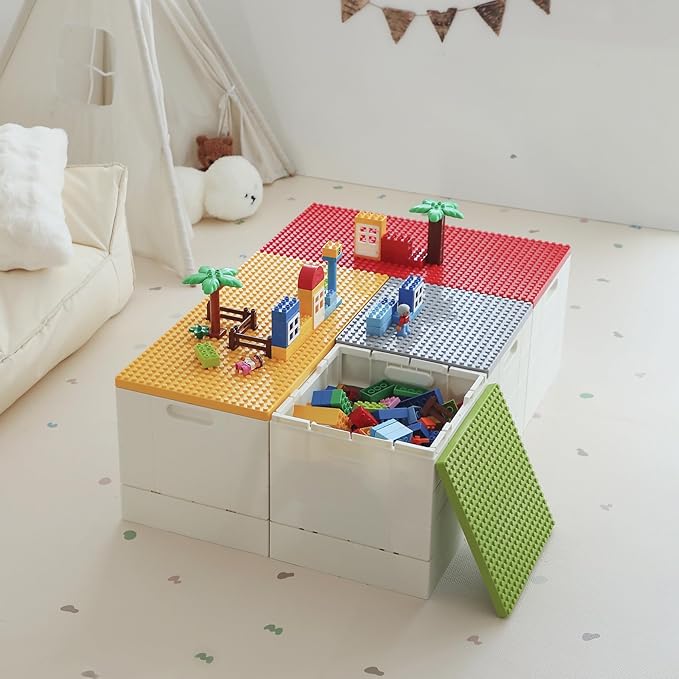 SHIMOYAMA 53 Qt. Folding Storage Box with Large Building Lid for Lego Duplo Blocks 13 Gallon Collapsible Organizer for Lego Bricks (Yellow)