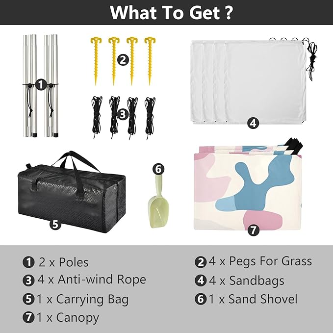 Powder Blue Foldable Beach Canopy UPF50 Lightweight Portable Sun Shelter with Sturdy Poles Sandbags and Shovel for Family Trips Picnics &amp Camping