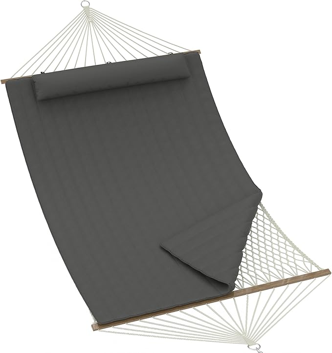 2 Person 12FT Hammocks for Outside Double Quilted Fabric Outdoor Hammock with Spreader Bar Large Removable Pillow Storage Pockets Carabiners Max 450 Lbs Capacity