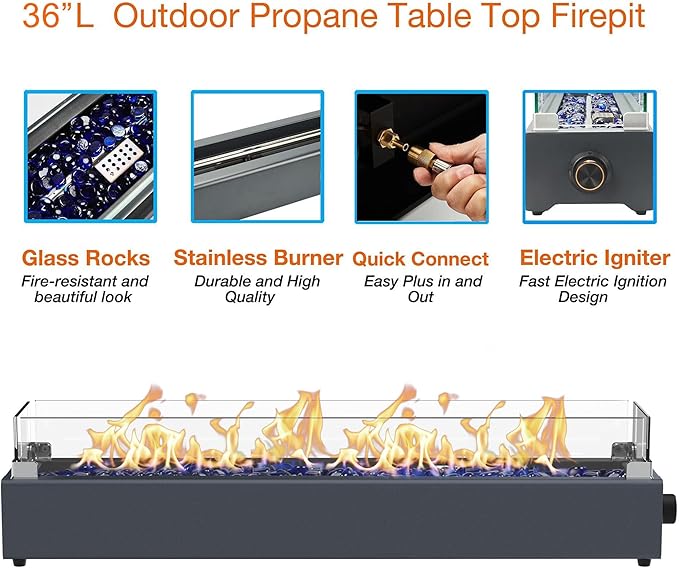 36-inch Table Top Propane Fire Pit 40000 BTU Tabletop Firepit for Patio Outdoor Portable Rectangular Fire Bowl w/Wind Glass Shield Glass Rocks - Carbon Gray