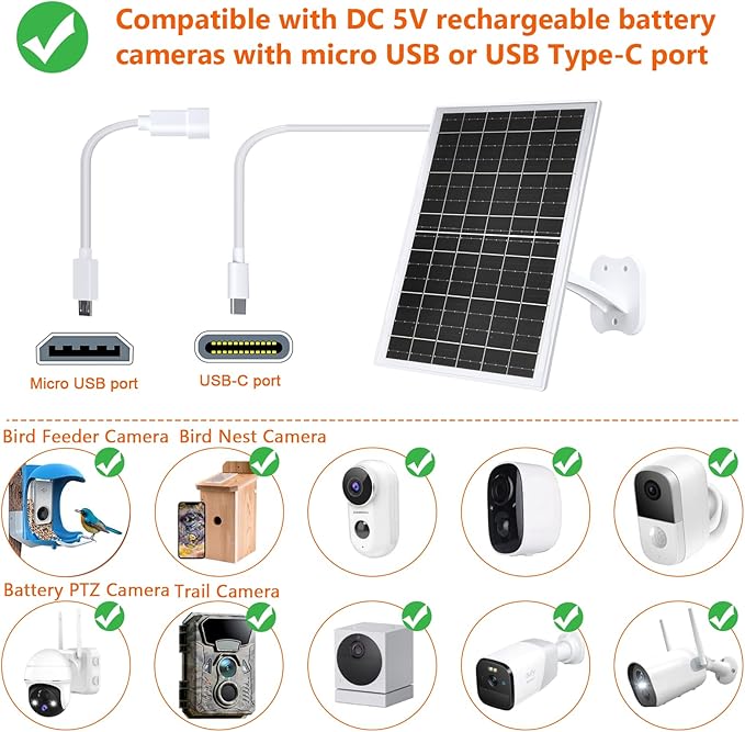 Zivif 13W Solar Panel for Outdoor Security Cameras USB-C Micro USB &amp 5.5x2.1mm DC Output 360° Adjustable Mount IP66 Waterproof 7.2FT Cable Compatible with Battery-Powered Cameras
