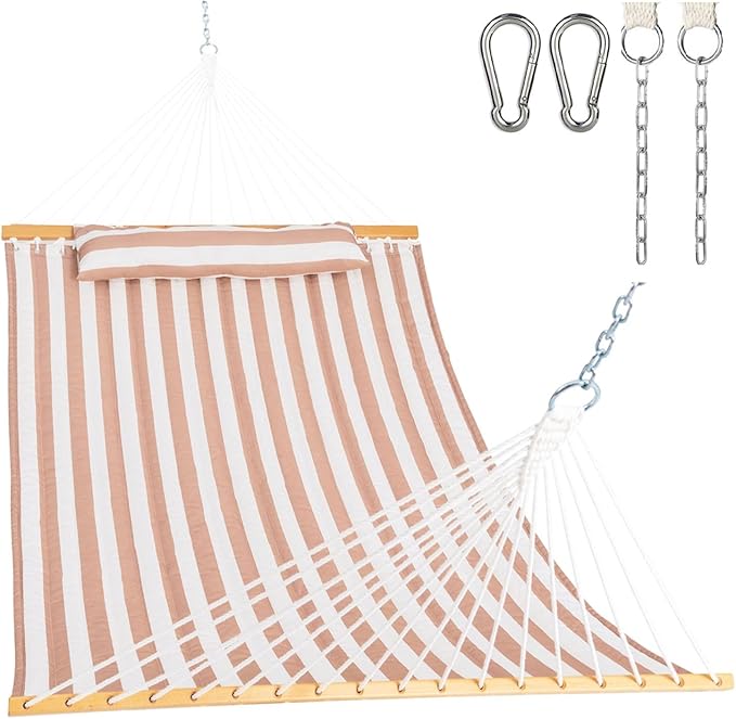 Lazy Daze 12 FT Quilted Double Hammock with Spreader Bar 2-Person Outdoor Hammock for Patio Poolside Backyard Beach 450 lbs Capacity Beige White