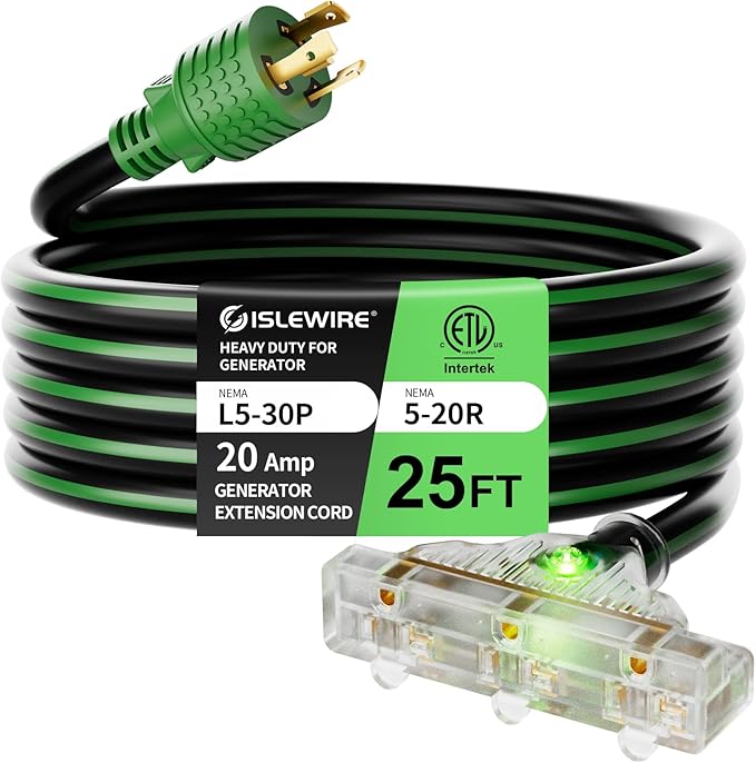 25FT Generator Extension Cord NEMA L5-30P to Triple 5-15R/5-20R 10 Gauge 30 Amp to 110V Twist Lock Power Cord with LED Indicator ETL Listed Heavy Duty Power Adapter for RV Jobsite Backup Use
