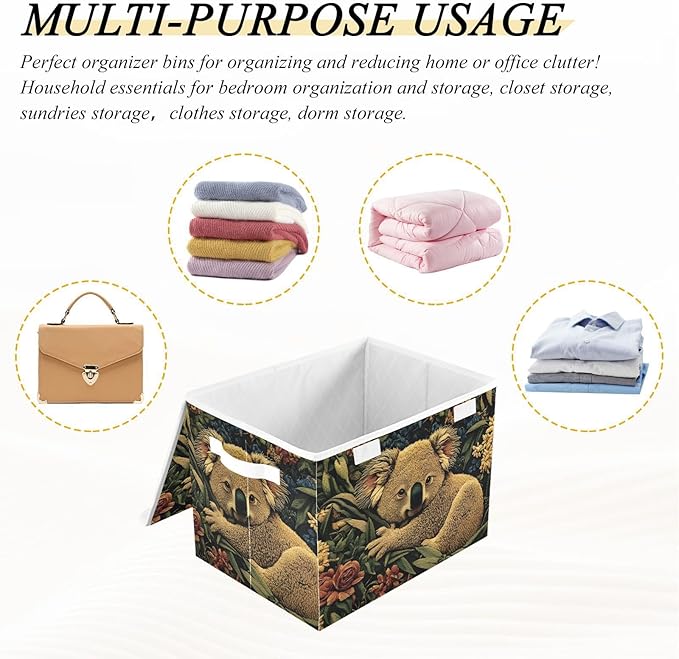 Storage Cube with Lid Art Koala Floral Print 16.5×12.6×11.8 IN Collapsible Large Capacity Foldable Storage Basket Bin Organizer