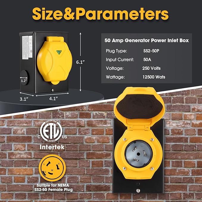 50 Amp Generator Power Inlet Box NEMA SS2-50P Power Inlet Box for 3 Prong Generator Cord 125/250 Volt Up to 12500 Watts Weatherproof Generator Inlet Box with Light Indicator ETL Listed