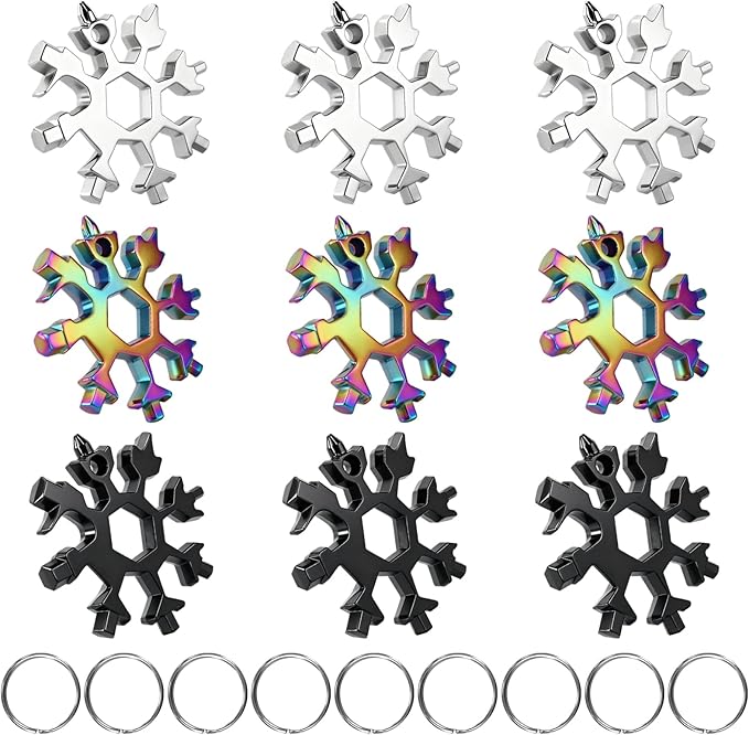 18-in-1 Snowflake Multitool 9 Packs Stainless Steel Snowflake Wrench/Bottle Opener/Screwdriver Kit Stainless Steel Portable Star Tool for Christmas Great Gifts