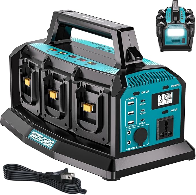 1200W Integrated Power Inverter with 6A Fast Charger 6 Ports for Makita 18V Battery Portable Pure Sine Wave Inverter with 120V AC Outlet 6*USB and LED Light for Camping Travel Jobsite(Tool Only)