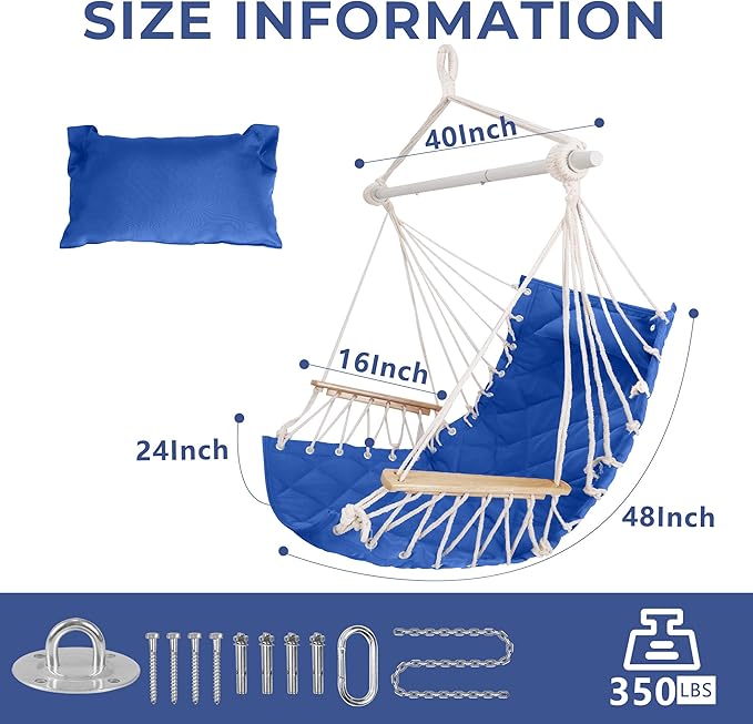 Hammock Chair Hanging Swing with Wooden ArmrestSteel Spreader BarPillowsHardware kit IncludedCotton WovenUp to 350 Lbsfor Indoor Outdoor Blue