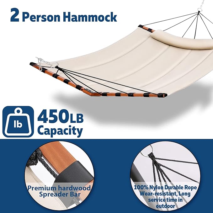 TegerDeger 12FT 2 Person Hammock with V Shaped Hardwood Spreader Bar &amp Nylon Rope for Outside Patio Garden Backyard Beach Poolside 450LB Capacity 55in x 79in - Beige