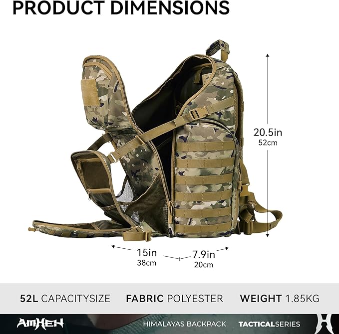 AMHEH 52L 1050D Tactical Backpack - 72 Hour Emergency Get Home Bug Out Bag with 17 Laptop and Helmet Pocket Heavy Duty Work Camo