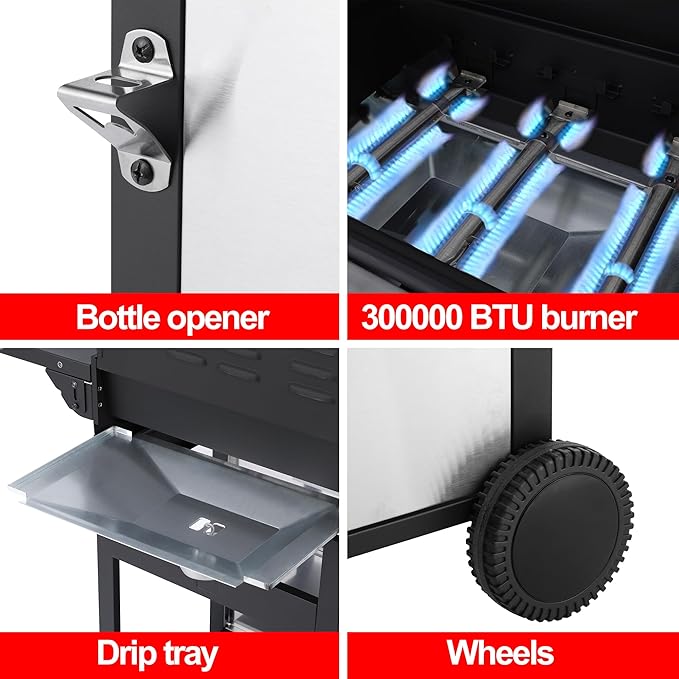 3-Burner Propane Gas Grill with Stainless Steel Cabinet - Outdoor BBQ Grill Side Table Knob Controls Cast Iron Grates &amp Thermometer
