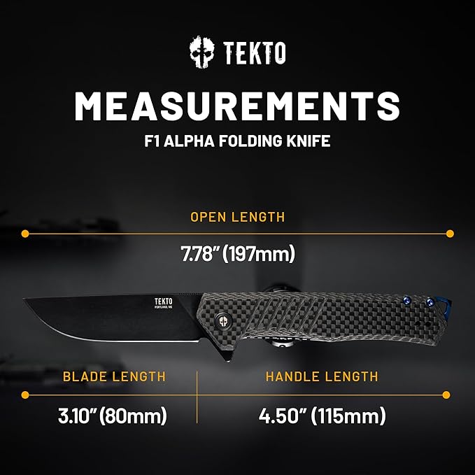 TEKTO F1 Alpha Folding Pocket Knife - Modified Straight Back BladeTitanium Coated D2 Steel Ideal for Outdoor Camping and Backpacking Tactical Carbon Fiber Handle Blue Titanium Accents
