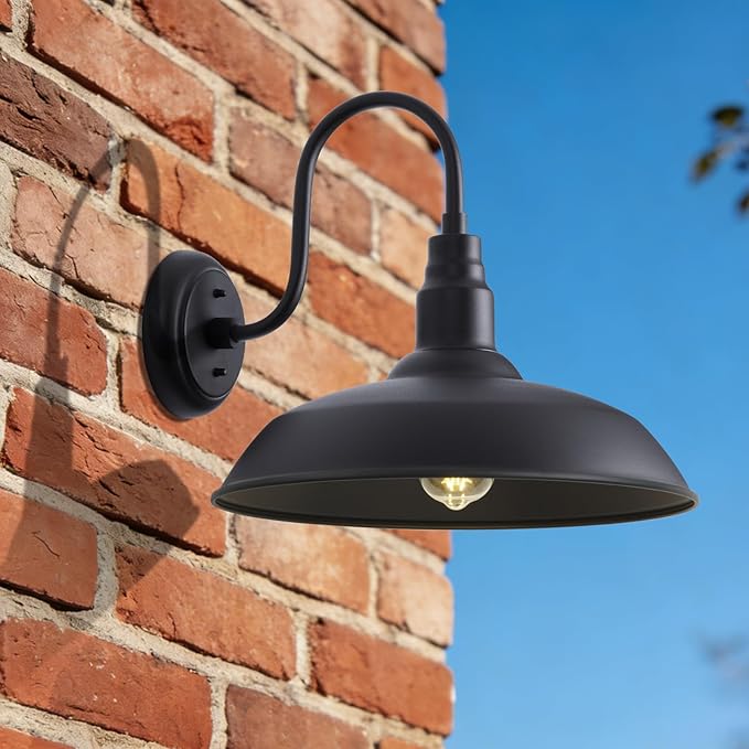 Large Black Gooseneck Barn Light for Farmhouse 16in Dome Outdoor Wall Lights for Porch 4 Pack Exterior Lighting Fixture with Goose Neck Arm for Front and Back Porch House Garage Door