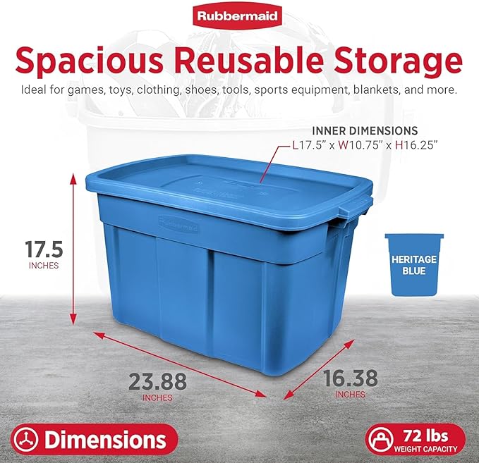 Rubbermaid Roughneck Tote 18 Gal 10 Pack Made in USA Heritage Blue Rugged Plastic Stackable Storage Bins with Lids and Handles