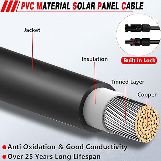 2Pcs 50 Feet 10AWG(6mm²) Solar Extension Cable with Female and Male Connector ＆ Storage Bag Solar Panel Tinned Copper Wire Cable Weatherproof for Home RV Camper Ferry (50FT Red+50FT Black)