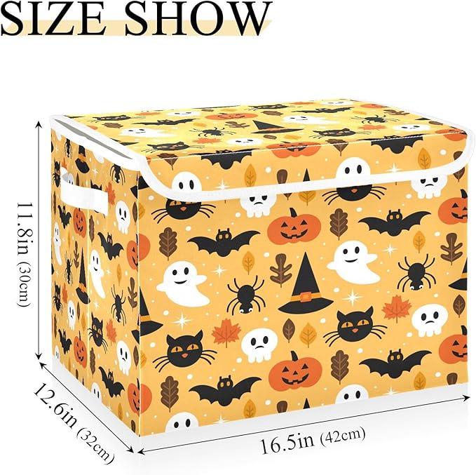 Large Collapsible Storage Bins with Lids Halloween Spooky Skull Pumpkin Black Cat Storage Baskets Organizer Containers with Handles for Nursery Clothes Toys