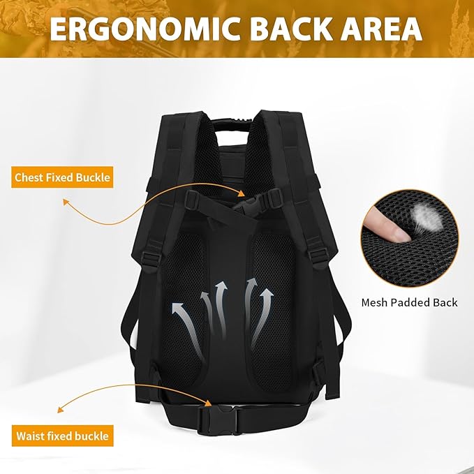 HUNTVP 45L Tactical Backpack Military Backpack Expandable MOLLE Rucksack Hunting Gear Bag Assault Pack Army Backpack(Black)
