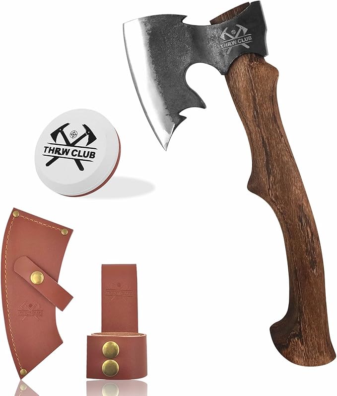 15.5 Hand Forged Hatchet Camping Hatchet with 1065 Carbon Steel &amp Wooden Handle Bushcraft Axe with Leather Sheath and Axe Sharpener Survival Ax for Outdoor Adventures and Gardening