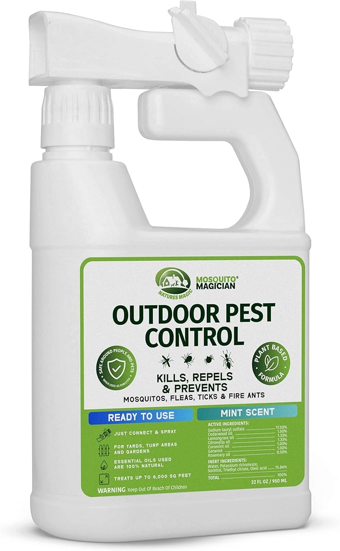 Mosquito Magician Ready to Use Hose Sprayer - Holds 32 Fl Oz of Liquid - Refillable - Kills Mosquitoes Fleas and Fire Ants - for Yards Lawns Patios - with Essential Oils - Mint
