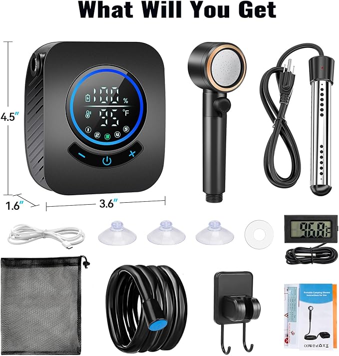 Upgraded Portable Shower with Heater 1500W Immersion Heated 8000mAh Rechargeable Camping Shower Pump with LED Display IPX8 Waterproof Lightweight Outdoor Shower Pump Kit for Hiking