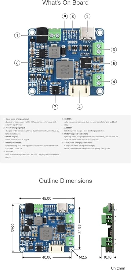 Solar Power Manager Module (D) Fits Raspberry Pi/Jetson Nano/Arduino Supports Type-C Power Adapter or 6V~24V Solar Panel with Battery Holder (Not Include 18650)