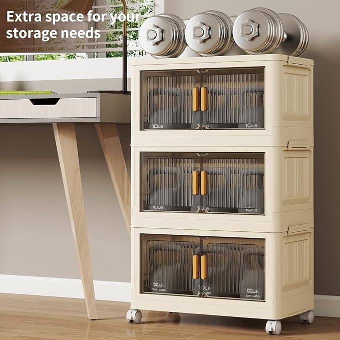 3 Tier Stackable Plastic Storage Bins with Lids 58QT Collapsible Closet Organizers and Storage with Wheels for Living RoomOfficeDorm