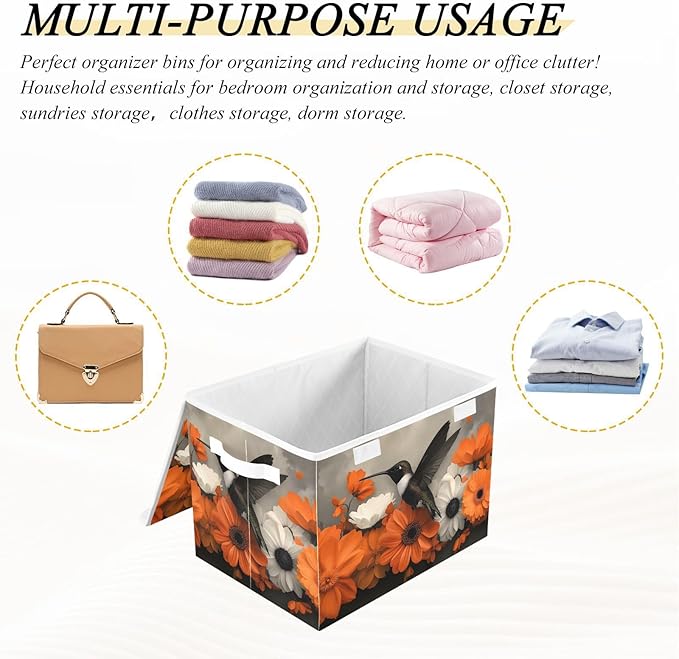 AIXIWAWA Lidded Storage Cube (Hummingbird Floral) Fabric Foldable Closet Bins with Flip Lid and Handles Organizer Basket Container 16.5 x 12.6 x 11.8 IN
