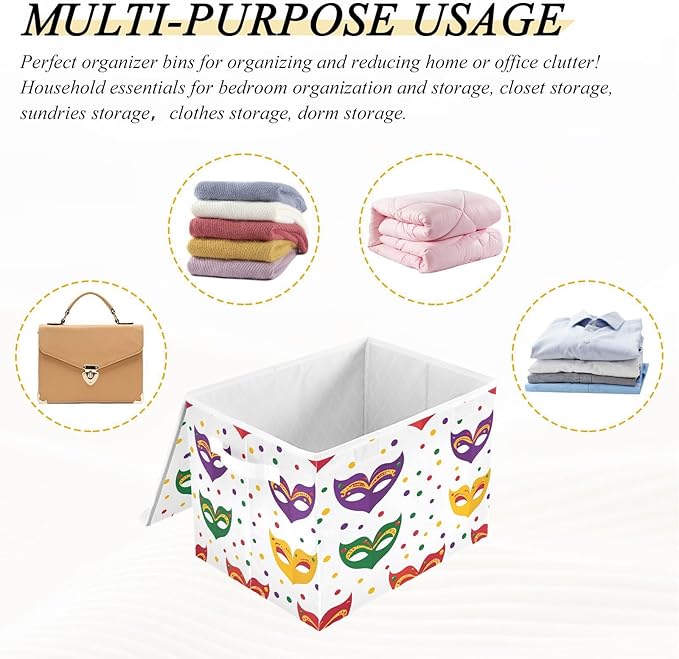 Mardi Gras Mask Fabric Storage Bins with Lids and HandleFoldable Storage Bins with LidsCloset Organizers for Clothes Storage Room Organization Office Storage Chest Organizer