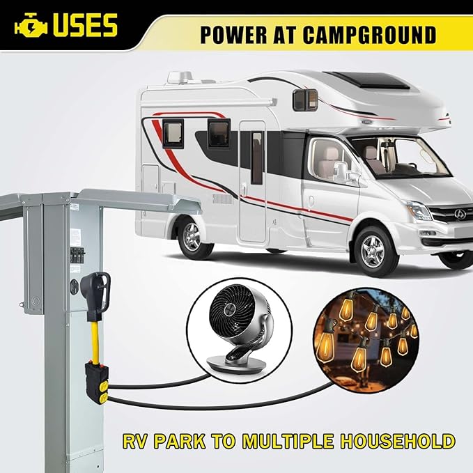 50 Amp to 110 RV Generator Adapter Cord 4 Prong 220V to 110V Adapter Plug NEMA 14-50P to Four 5-15R/5-20R Household Outlets with 20 Amp Circuit Breaker