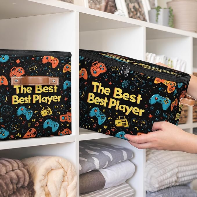 Game Storage Bins with Zipper Lids for Bedroom Kitchen Bathroom Storage Basket Foldable Toy Cube Storage Organizer for Kid Teen Women Men