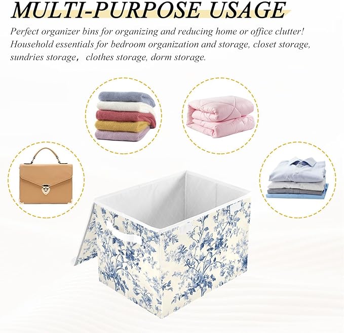 Blue White Flower Pattern Large Storage Bins with Linen Foldable Storage Cubes Fabric Closet Organizer Containers box with Flip-Top Lid for Home Office 16.5 x 12.6 x 11.8 IN