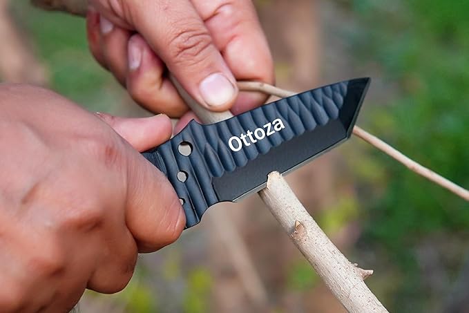 Ottoza Tanto Tactical Knife with Fixed Blade and Horizontal Carry Leather Sheath - Compact Military EDC Knife - Black Micarta Handle 377