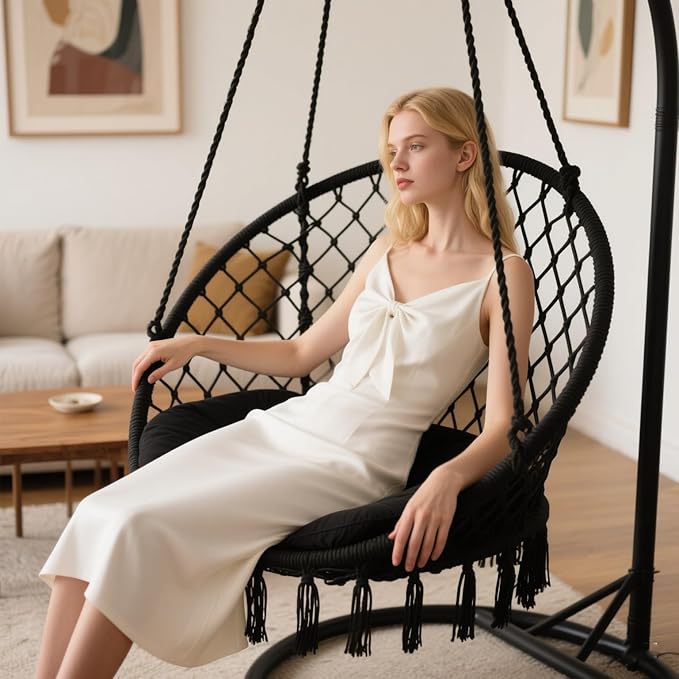 Vohala Macrame Hanging Chair Hammock Chair with Large Comfy Cushion Boho Swing Chair for Bedroom Patio Balcony Garden Holds up to 264 lb Accessories Included Cream White