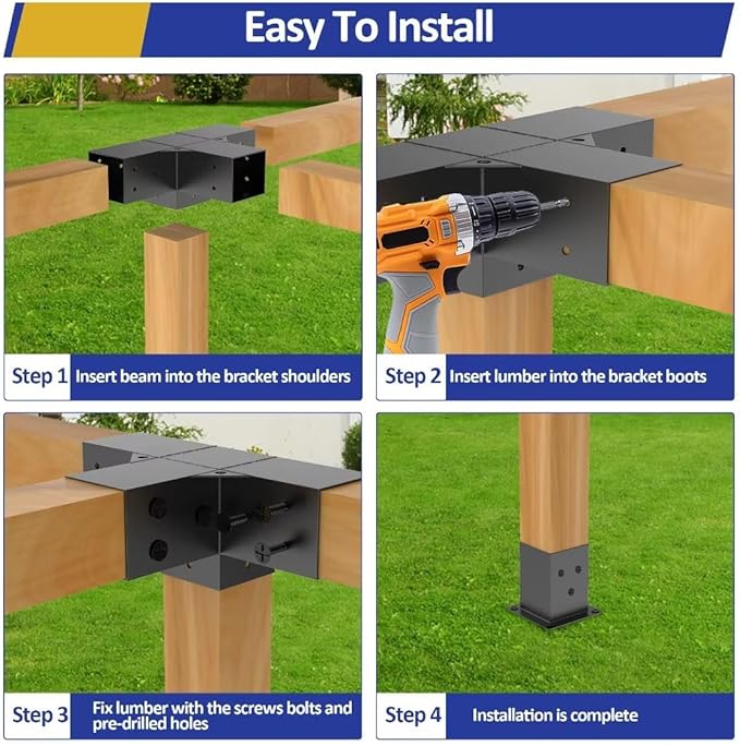 Pergola Kit for 4x4 Lumber Heavy Duty Pergola Brackets with 3-Way Corner Brackets DIY Gazebo Kit for Outdoor Patio Backyard Garden Fits Actual 3.6 x 3.6 Wood