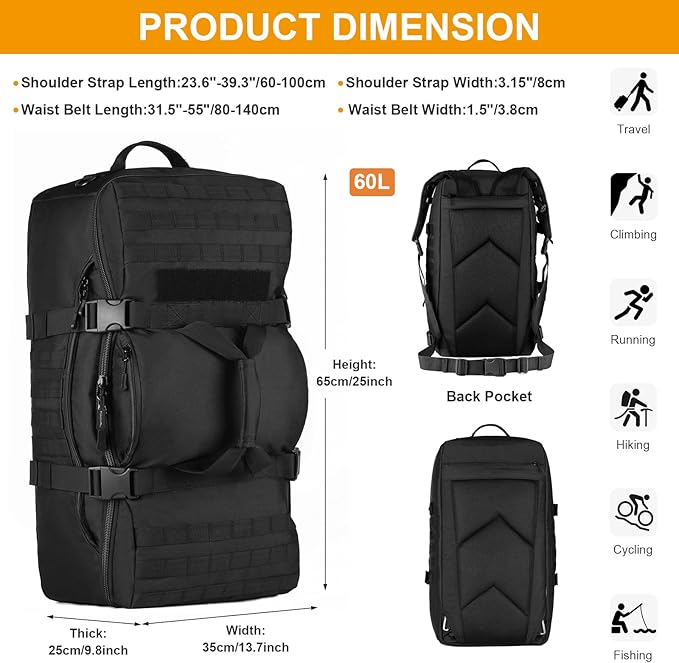 HUNTVP 60L Tactical Backpack Tactical Duffel Bag Military Travel Bag Outdoor Assault Pack Rucksack Bag | Gear Sport Outdoor Bag For Hunting Camping Trekking