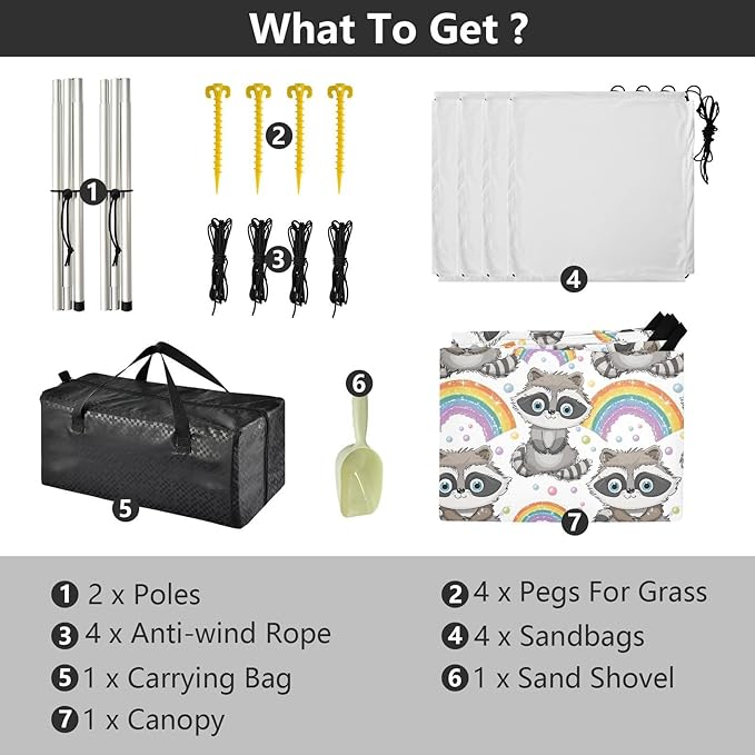 ALAZA Cute Raccoon Rainbow Cartoon Beach Tent Sun Shelter UPF50+ Protection Beach Shade Canopy w/ 4 Sandbags for Outdoor Camping Fishing Backyard Fun Picnic 10x9 ft