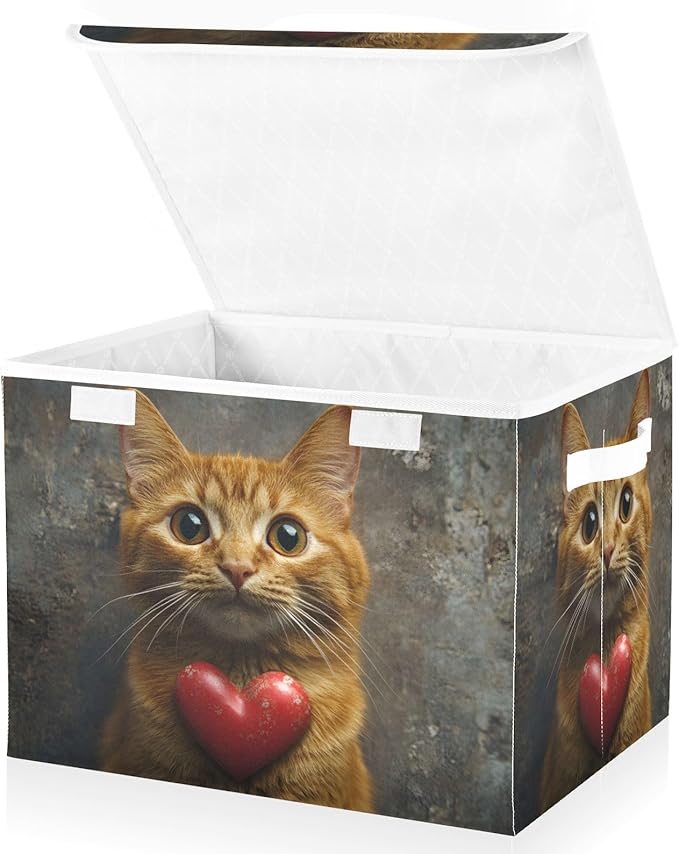 AIXIWAWA Lidded Storage Cube (Cat Valentine) Fabric Foldable Closet Bins with Flip Lid and Handles Organizer Basket Container 16.5 x 12.6 x 11.8 IN