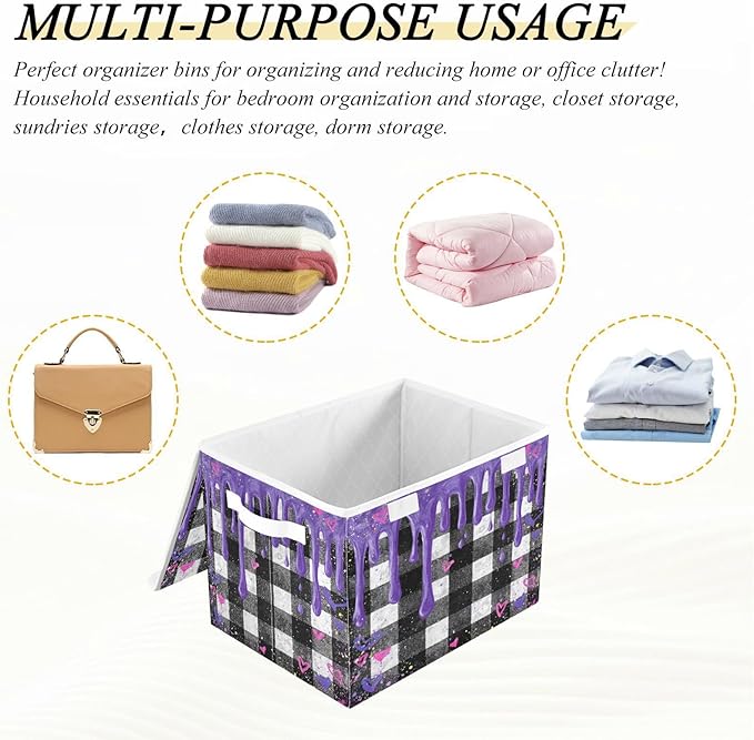 Storage Bins With Lid Stackable Fabric Closet Organizer Clothing Storage Large Boxes For Closet Shelves Bedroom Ice Cream Melting Checkered Hearts