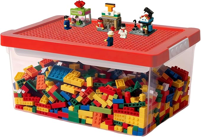 Toy Storage Organizer Bin for Lego Plastic Organizer Box with Removable Tray and Building Baseplate Lid Stackable Building Block Storage Craft Storage Container for Lego Art Toy Tool Sewing