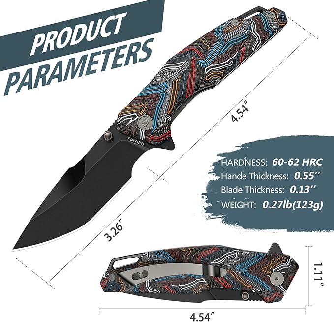 FINTISO Pocket Knife 3.26 Premium 14C28N Titanium Blade Colorful G10 Handle with Fire Starter Function Folding Knife with Pocket Clip for Men Women EDC Knife for Outdoor Camping Hunting Hiking