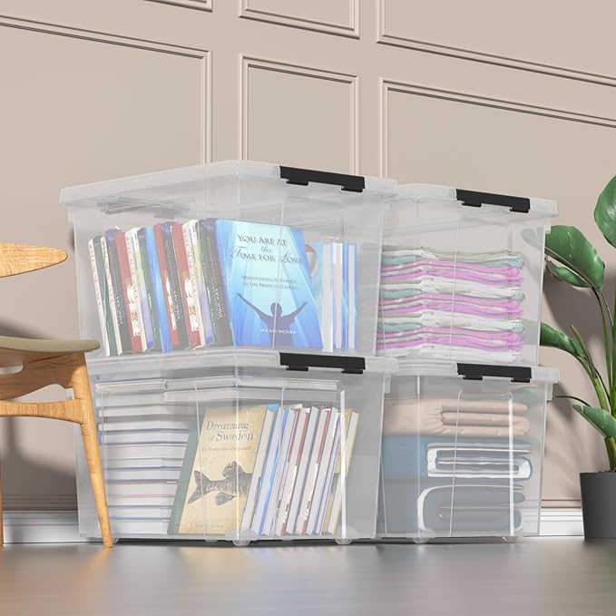 4 Pack 50 Quart Plastic Storage Bins with Lids and Wheels Large Clear Plastic Storage Totes Stackable Organizer Containers for Garage Closet Pantry Home Office