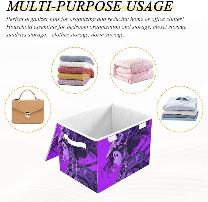 Cool Samurai Storage Cube Bins Basket with Lid Collapsible Flip-top Fabric with Handle for Home Bedroom Closet Office 16.5×12.6×11.8 in
