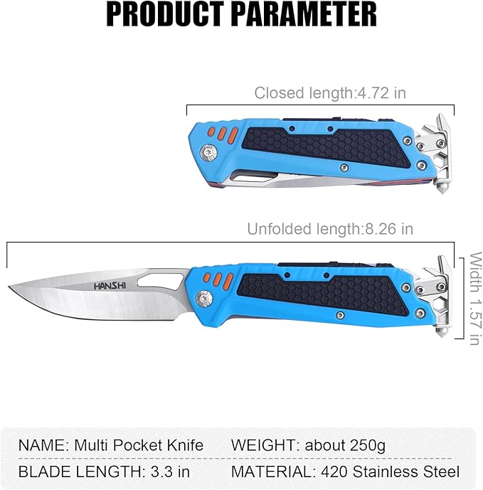 HANSHI 13 in 1 Multitool Knife with Nylon Sheath for CampingHikingSurvivalOutdoor Multi Tool Pocket Knife with Window BreakerBirthday Christmas Valentine's Day Gift for Dad Mens Boyfriend(Blue)