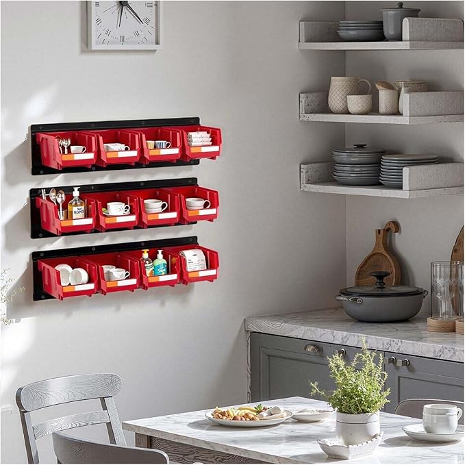 Wall Mounted Tool Organizer 12 Bins &amp 3 Rails - Hardware Storage for Garage Workshop Craft Room - Red Stackable Parts Bins
