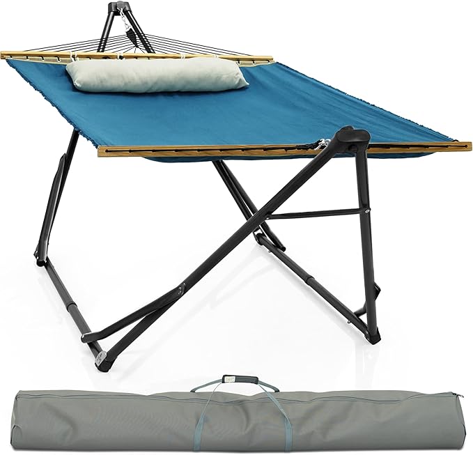 Tranquillo Unity Adjustable Hammock Stand 800 lbs Capacity Steel Double Hammock Stand for 2 Persons Premium Pre-Assembled Stand for Indoor Outdoor Blue