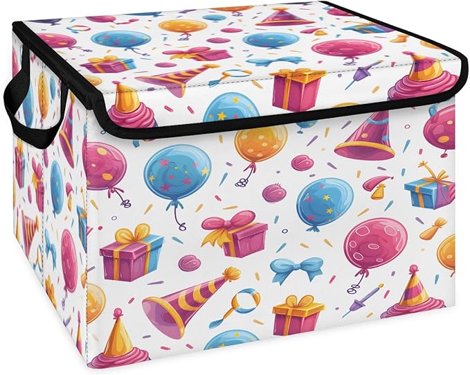 Happy Birthday Storage Basket with Lid Birthday Theme Foldable Storage Box Fabric Storage Bins with Carrying Handles for Home Bedroom Closet Organization