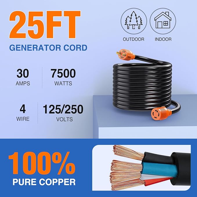 Nilight 30 Amp 25FT Generator Extension Cord 125/250V 7500 Watt Heavy Duty 10 Gauge Pure Copper STW Wire ETL Listed 4 Prong L14-30P L14-30R Cable for RV Camper Outdoor Use