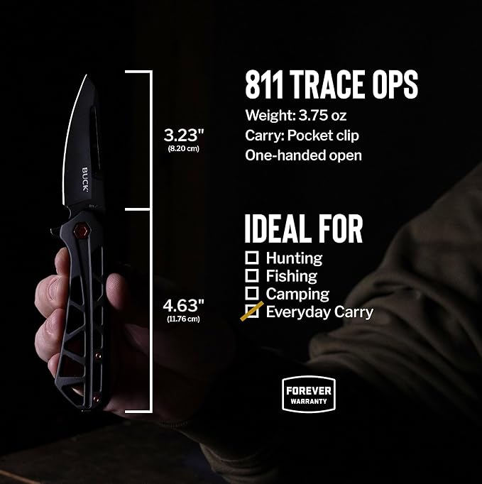 Buck Knives 811 Trace Ops Folding EDC Knife 3.23” Pocket Knife Blade Aluminum Handle 7Cr17MoV Steel Tanto Folding Blade Black/Red 3.75 oz