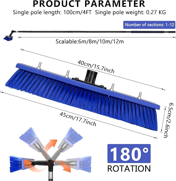 40FT Water Fed Pole Kit Window Solar Panel Cleaning Brush and Pole Window Washing Equipment Solar Panel Roof Glass Cleaner Tool