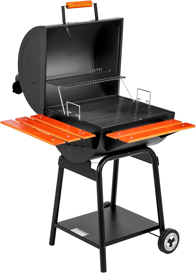 Royal Gourmet CC2024 24 Inch Charcoal Barrel Grill with Warming Rack Outdoor BBQ Grill with Wooden Front and Side Shelves for Backyard Patio and Parties Black